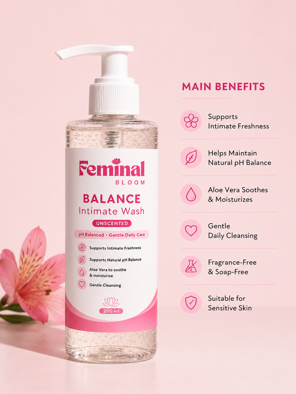 Feminal Bloom Balance Intimate Wash (Unscented) | pH-Balanced Feminine Wash