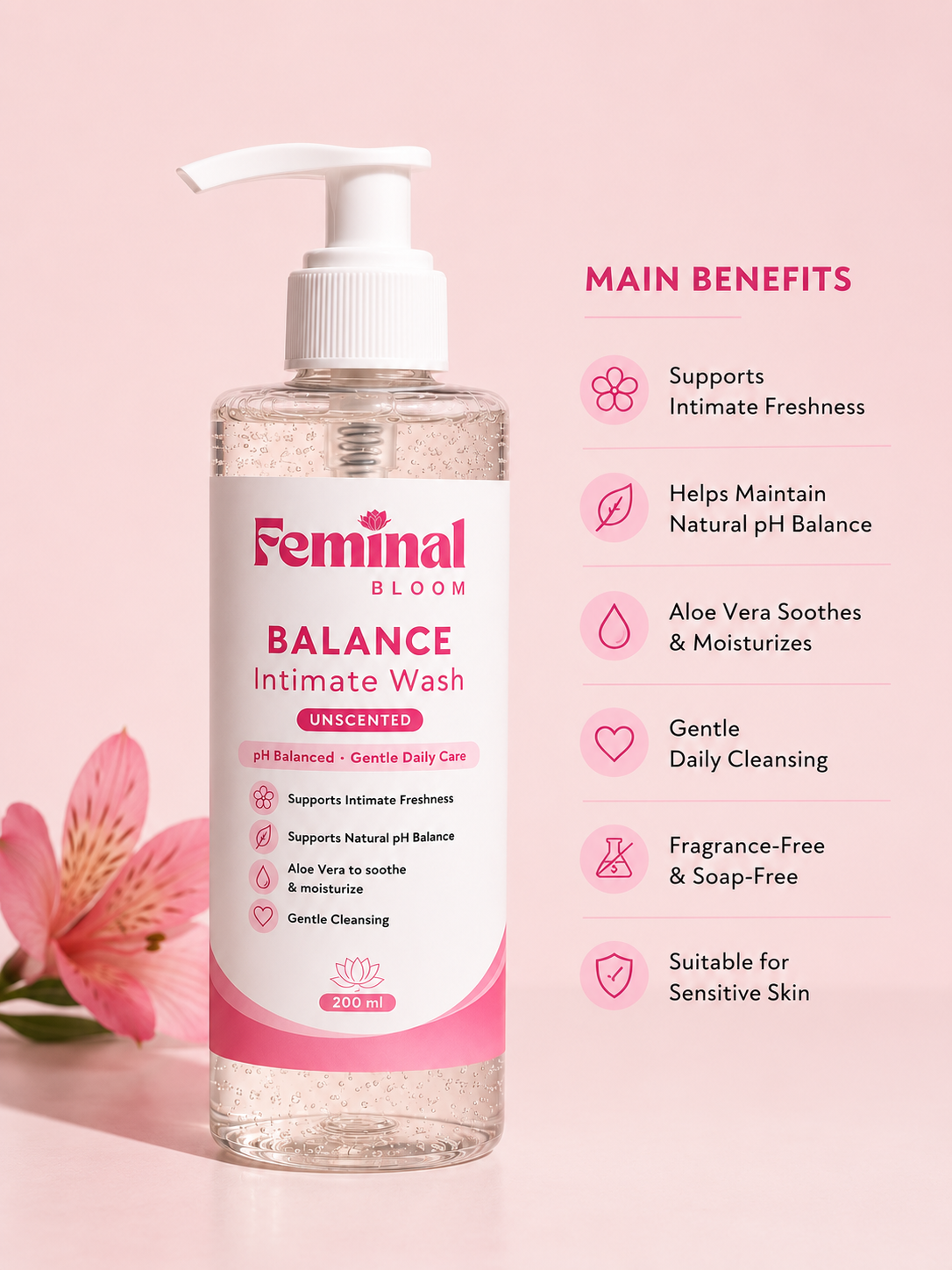 Feminal Bloom Balance Intimate Wash (Unscented) | pH-Balanced Feminine Wash